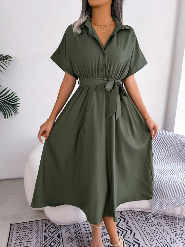 Shirt Dresses- Casual Elegance Solid Button Down Belt Tie Shirt Dress- Olive green- Pekosa Women Clothing