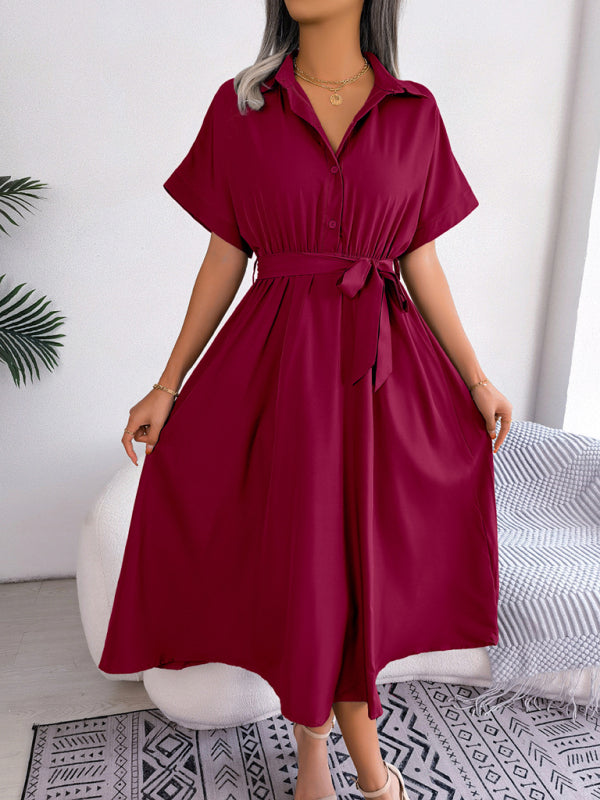 Shirt Dresses- Casual Elegance Solid Button Down Belt Tie Shirt Dress- Wine Red- Pekosa Women Clothing