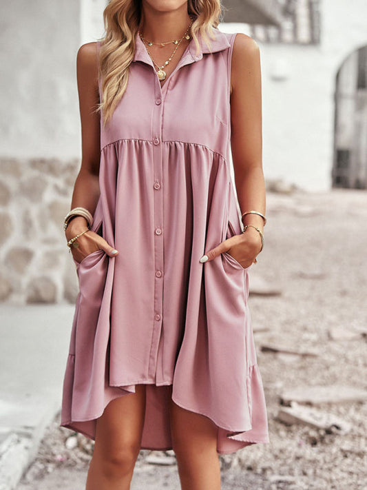 Shirt Dresses- Chic High-Low Shirt Midi Dress: Button Down, Pockets, Tiered Back- Pink- Pekosa Women Clothing