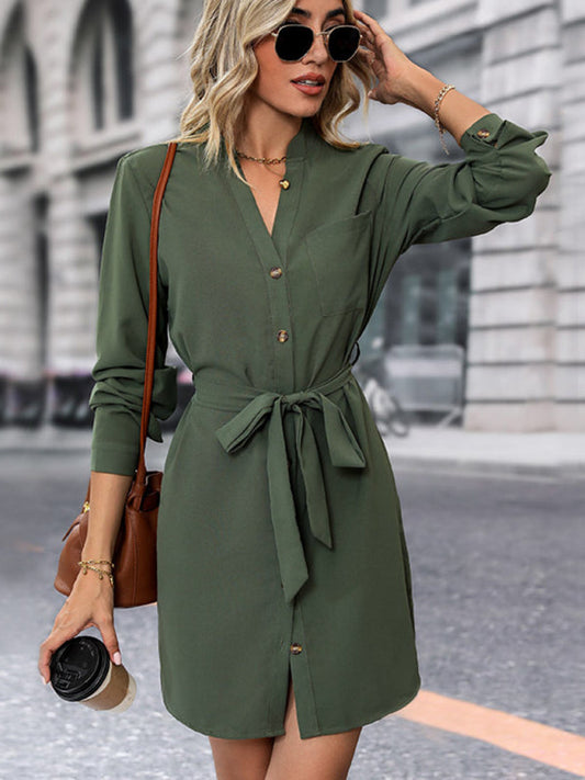 Shirt Dresses- Long Sleeve Belt Tie Shirt Dress- Olive green- Pekosa Women Clothing
