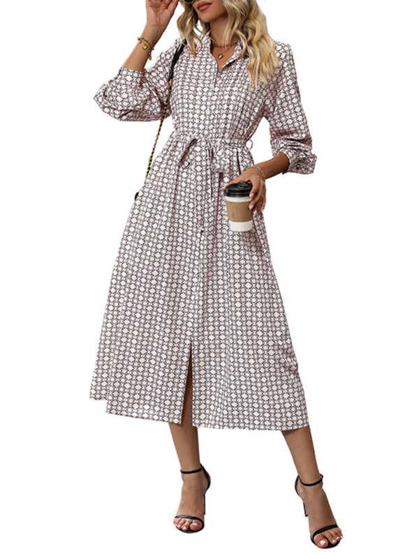 Shirt Dresses- Oversized Belted Shirt Midi Dress with Lantern Sleeve- - Pekosa Women Clothing