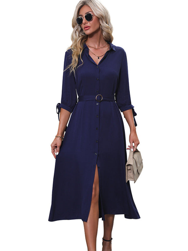 Shirt Dresses- Solid Button-Up 3/4 Sleeve Belted Midi Dress- - Pekosa Women Clothing