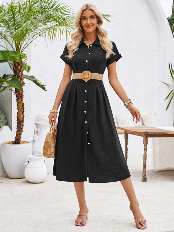 Shirt Dresses- Solid Pleated Button-Up Midi Shirt Dress- - Chuzko Women Clothing