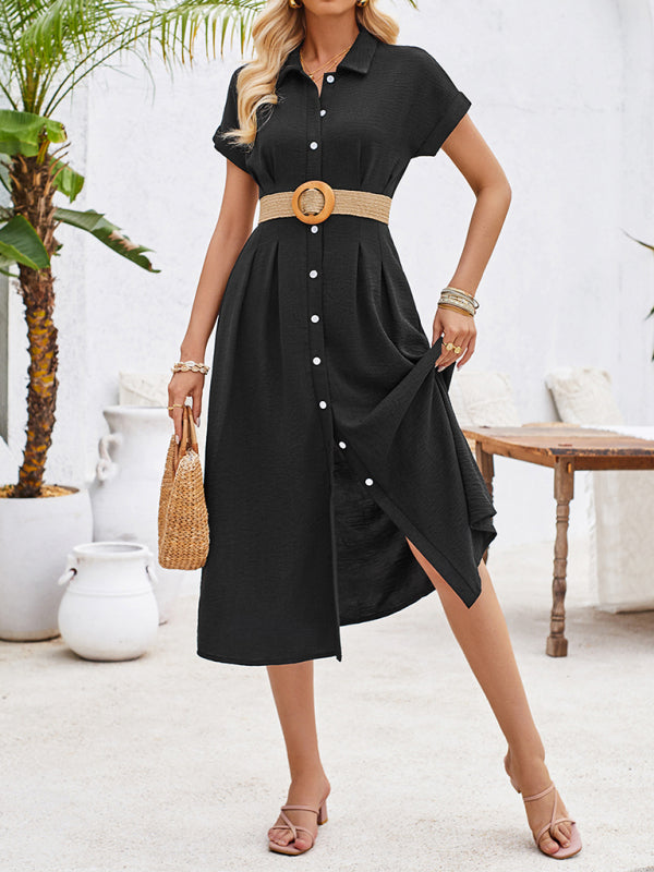 Shirt Dresses- Solid Pleated Button-Up Midi Shirt Dress- - Chuzko Women Clothing