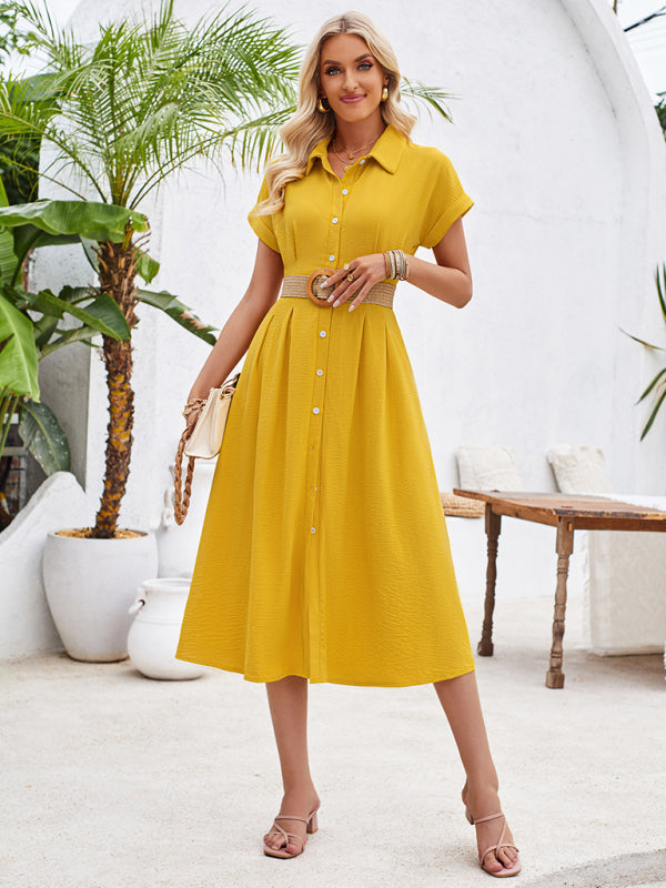 Shirt Dresses- Solid Pleated Button-Up Midi Shirt Dress- - Chuzko Women Clothing