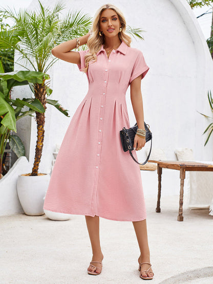 Shirt Dresses- Solid Pleated Button-Up Midi Shirt Dress- - Chuzko Women Clothing