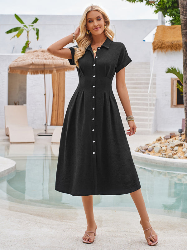 Shirt Dresses- Solid Pleated Button-Up Midi Shirt Dress- - Chuzko Women Clothing