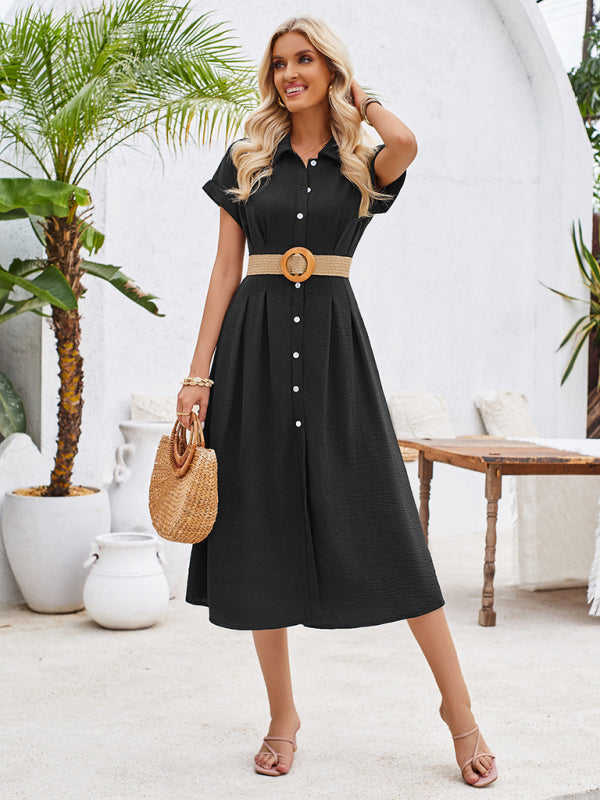 Shirt Dresses- Solid Pleated Button-Up Midi Shirt Dress- - Chuzko Women Clothing