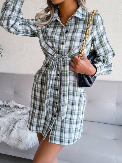 Shirt Dresses- Women's Plaid Tie Front Shirt Dress, Versatile Style for Any Occasion!- - Pekosa Women Clothing