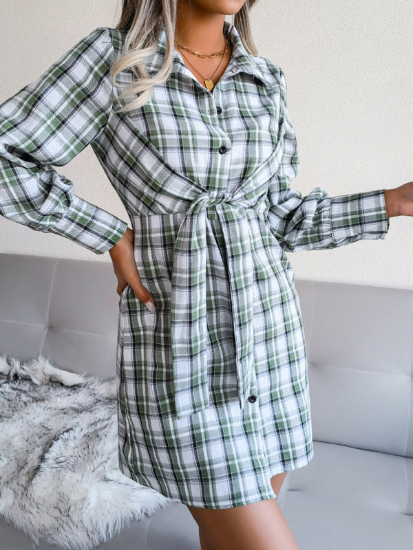 Shirt Dresses- Women's Plaid Tie Front Shirt Dress, Versatile Style for Any Occasion!- Green- Pekosa Women Clothing