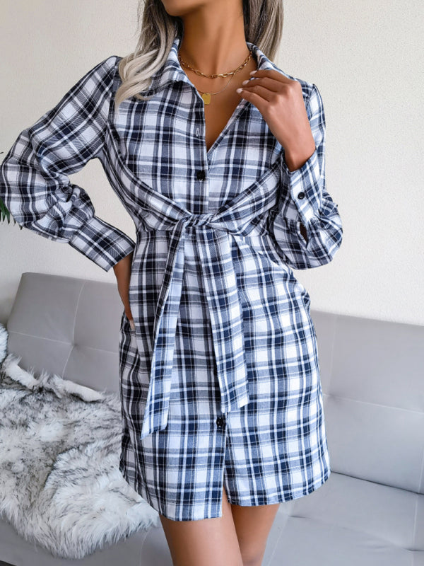 Shirt Dresses- Women's Plaid Tie Front Shirt Dress, Versatile Style for Any Occasion!- - Pekosa Women Clothing