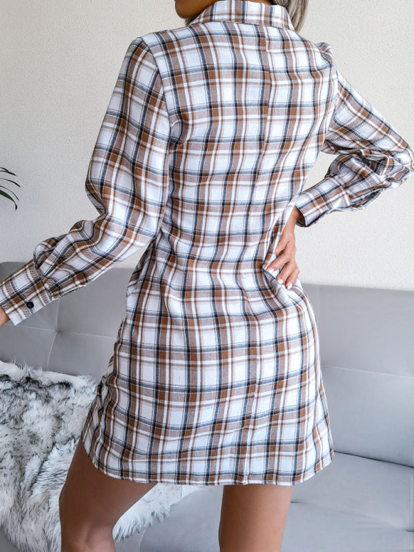 Shirt Dresses- Women's Plaid Tie Front Shirt Dress, Versatile Style for Any Occasion!- - Pekosa Women Clothing