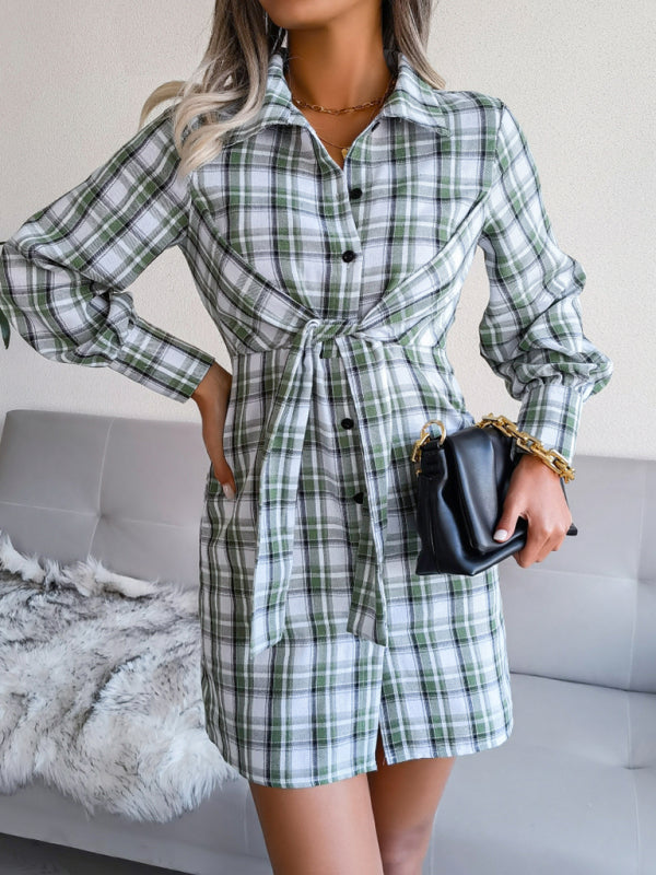 Shirt Dresses- Women's Plaid Tie Front Shirt Dress, Versatile Style for Any Occasion!- - Pekosa Women Clothing