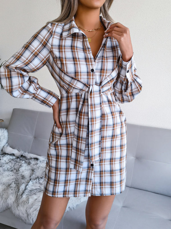 Shirt Dresses- Women's Plaid Tie Front Shirt Dress, Versatile Style for Any Occasion!- - Pekosa Women Clothing