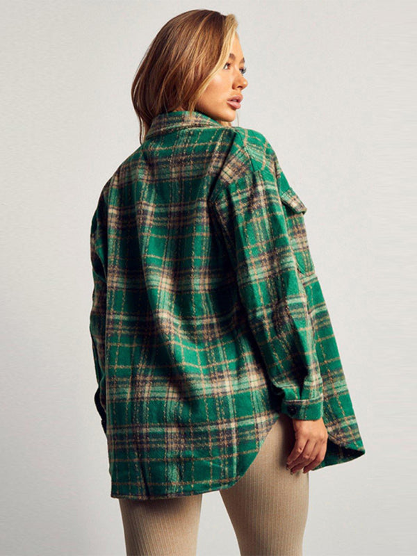 Shirt Jackets- Autumn Wool blend Checked Shacket Plaid Shirt Jacket- - Pekosa Women Clothing