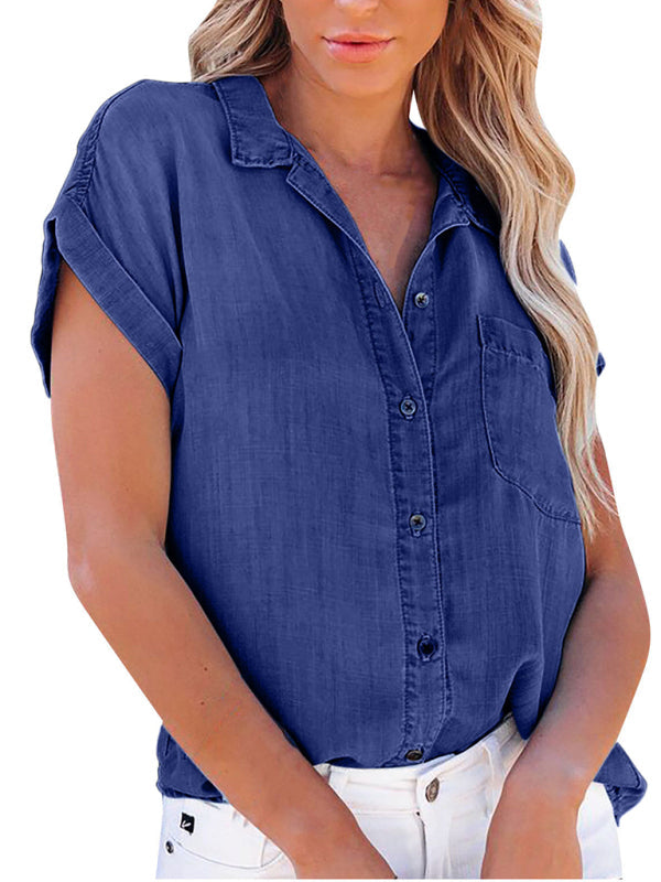 Shirt- Summer Jean Denim Button-Up Short Sleeve Shirt- - Pekosa Women Clothing