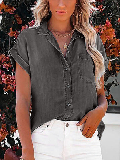 Shirt- Summer Jean Denim Button-Up Short Sleeve Shirt- - Pekosa Women Clothing