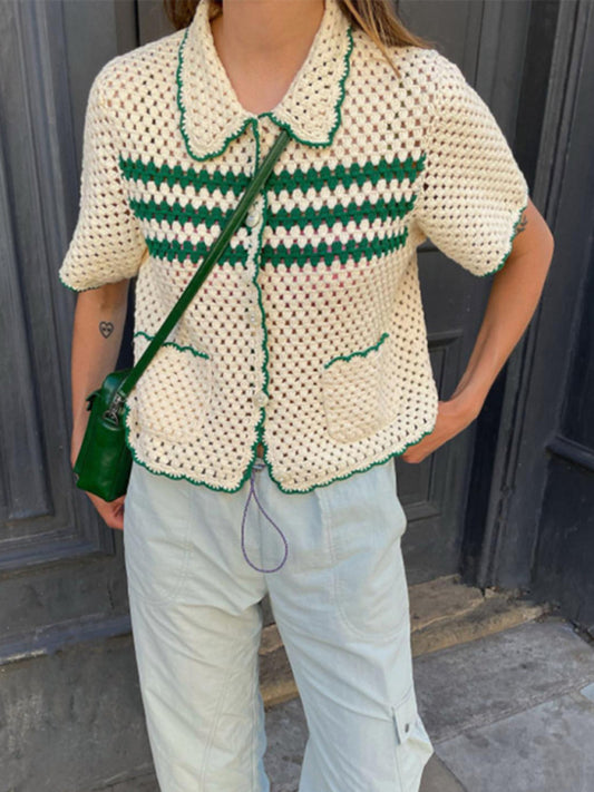 Shirt Sweaters- Contrast Binding Open Crochet Short Sleeve Shirt Sweater- Green- Pekosa Women Clothing