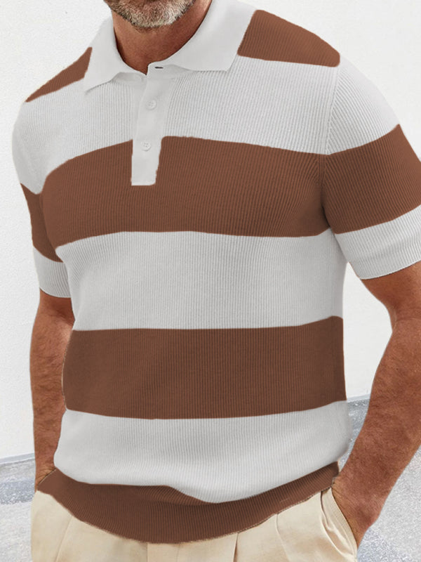 Shirt Sweaters- Men's Color Block Knit Polo Shirt- Coffee- Pekosa Women Clothing