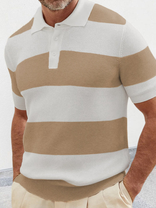 Shirt Sweaters- Men's Color Block Knit Polo Shirt- Cream- Pekosa Women Clothing