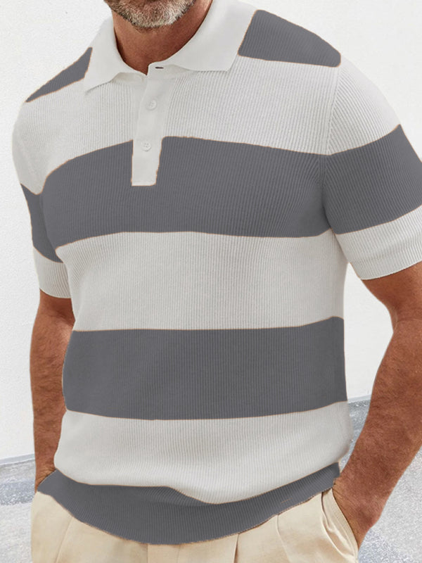 Shirt Sweaters- Men's Color Block Knit Polo Shirt- Grey- Pekosa Women Clothing