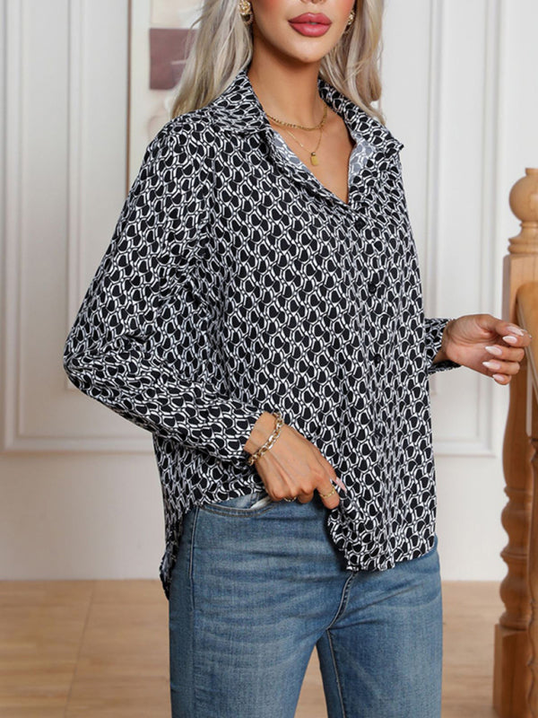 Shirts- All-Printed Collared Button-Up Blouse | Long Sleeves Shirt- - Pekosa Women Clothing