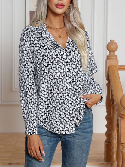 Shirts- All-Printed Collared Button-Up Blouse | Long Sleeves Shirt- - Pekosa Women Clothing