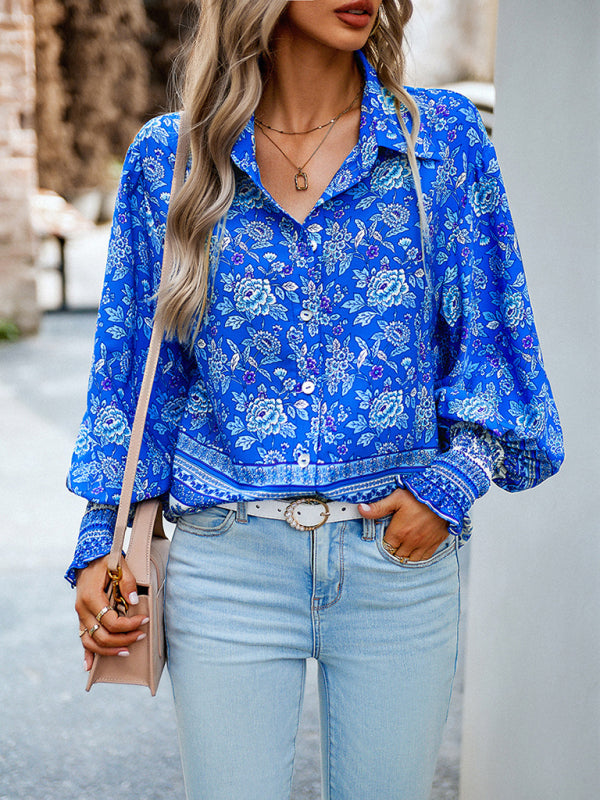 Shirts- Autumn Floral Shirt - Button Blouse with Balloon Sleeves- Blue- Pekosa Women Clothing