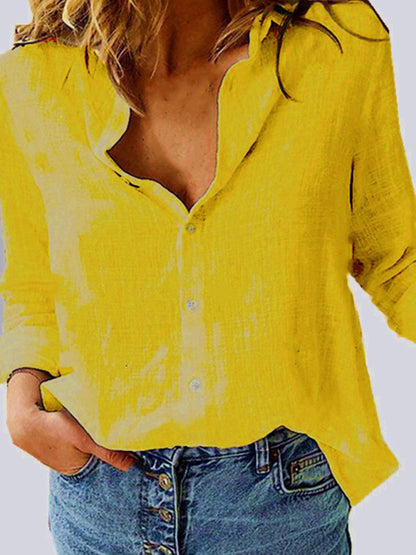 Shirts- Breathable Long Sleeve Cotton-Linen Shirt for Summer Texture- Yellow- Pekosa Women Clothing