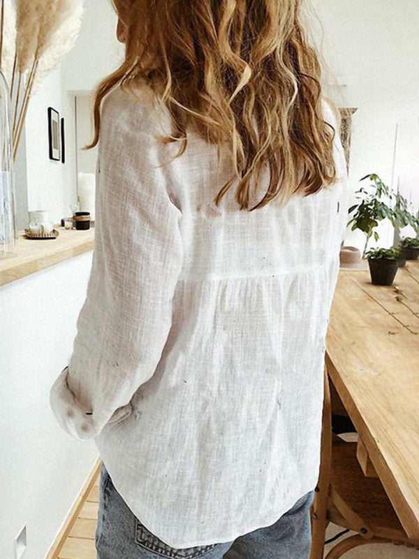 Shirts- Breathable Long Sleeve Cotton-Linen Shirt for Summer Texture- - Pekosa Women Clothing