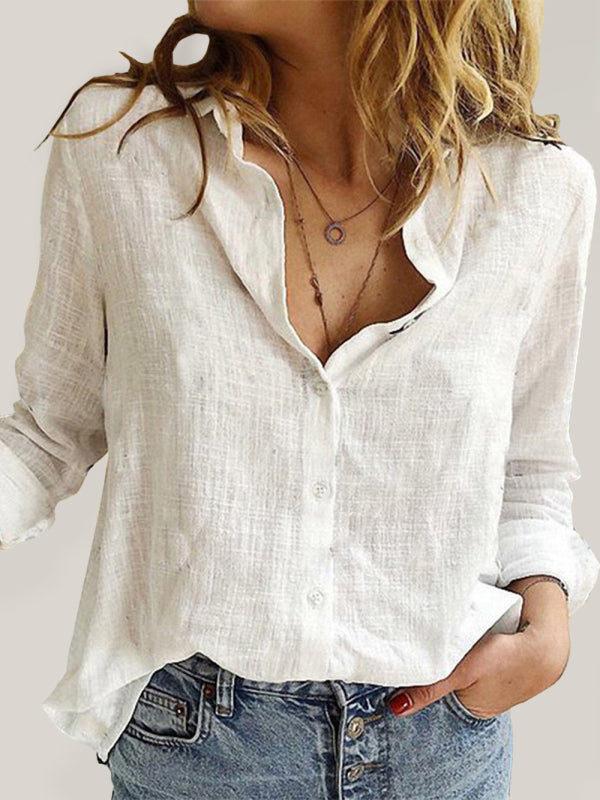 Shirts- Breathable Long Sleeve Cotton-Linen Shirt for Summer Texture- White- Pekosa Women Clothing