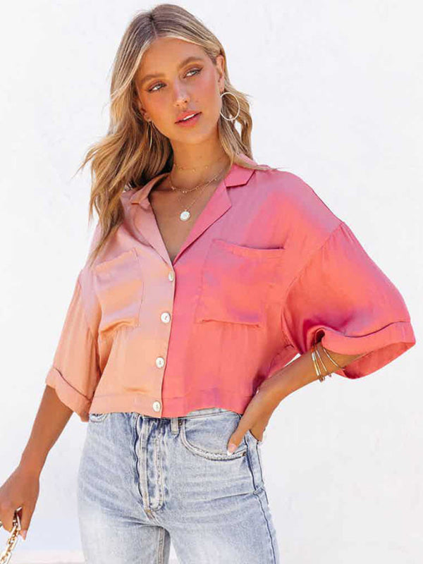 Shirts- Chic & Modern: Women's Button Down Collared Crop Shirt - Patch Pockets- - Pekosa Women Clothing