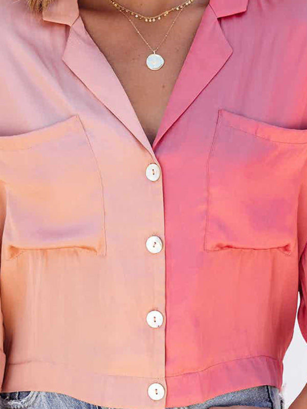 Shirts- Chic & Modern: Women's Button Down Collared Crop Shirt - Patch Pockets- - Pekosa Women Clothing