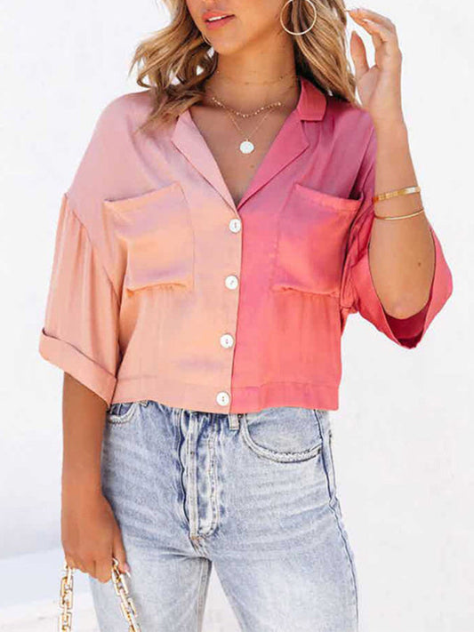 Shirts- Chic & Modern: Women's Button Down Collared Crop Shirt - Patch Pockets- Pink- Pekosa Women Clothing