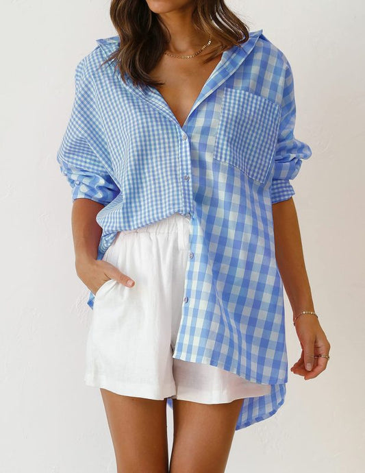 Shirts- Classic Plaid Style: Long Sleeve Cotton Button-Down Collared Shirt- Blue- Pekosa Women Clothing