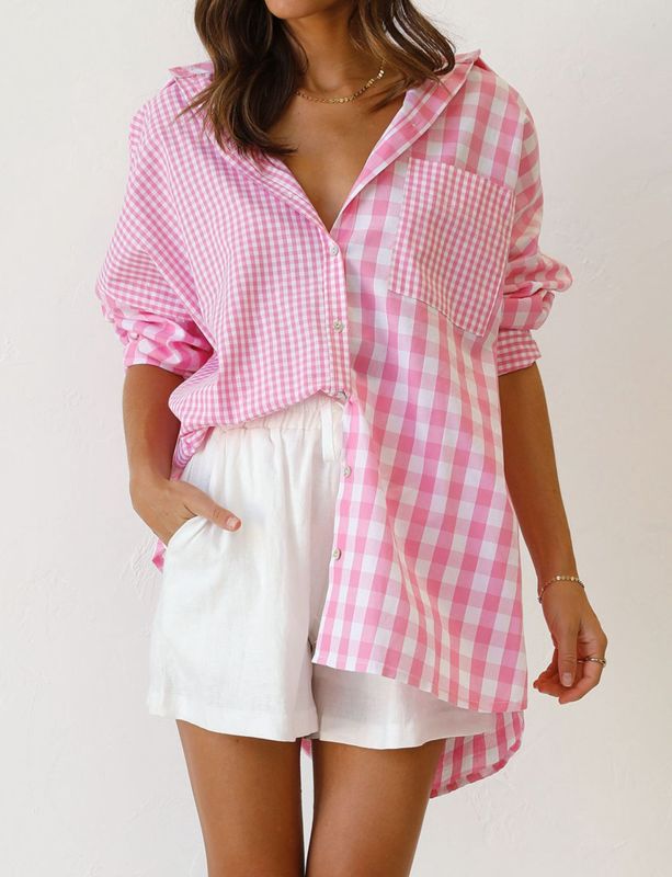 Shirts- Classic Plaid Style: Long Sleeve Cotton Button-Down Collared Shirt- Pink- Pekosa Women Clothing