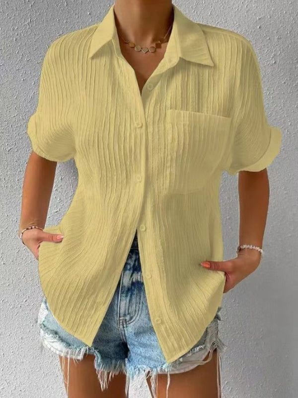 Shirts- Classic Women's Collared Short Sleeves Shirt - Style for Any Occasion!- Yellow- Pekosa Women Clothing