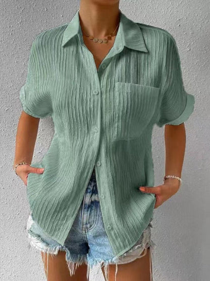 Shirts- Classic Women's Collared Short Sleeves Shirt - Style for Any Occasion!- Green- Pekosa Women Clothing