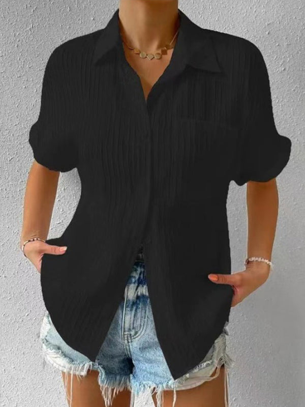 Shirts- Classic Women's Collared Short Sleeves Shirt - Style for Any Occasion!- Black- Pekosa Women Clothing