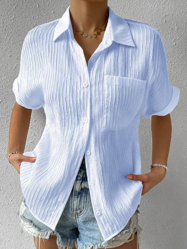 Shirts- Classic Women's Collared Short Sleeves Shirt - Style for Any Occasion!- Blue- Pekosa Women Clothing