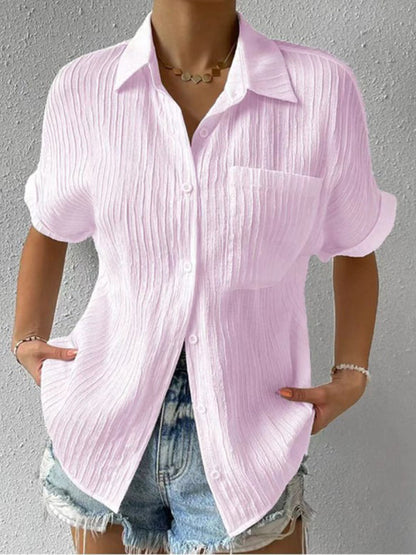 Shirts- Classic Women's Collared Short Sleeves Shirt - Style for Any Occasion!- Pink- Pekosa Women Clothing