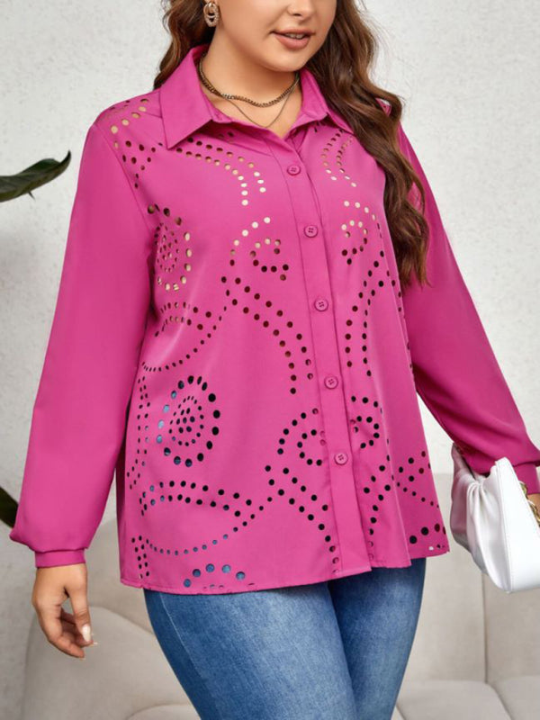 Shirts- Curvy Solid Holes Button-Up Long Sleeves Shirt for Women- - Pekosa Women Fashion