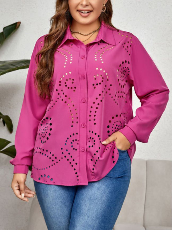 Shirts- Curvy Solid Holes Button-Up Long Sleeves Shirt for Women- Rose- Pekosa Women Fashion