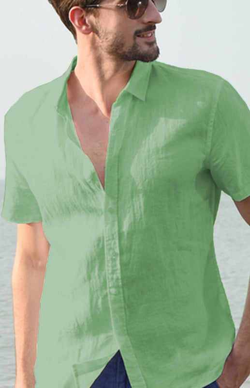 Shirts- Eco-Wear Men's Solid Hemp Short Sleeve Shirt in Cotton Blend- Green- Pekosa Women Clothing