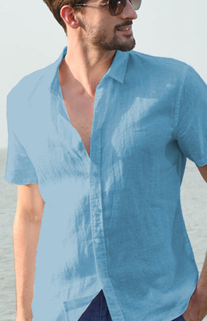 Shirts- Eco-Wear Men's Solid Hemp Short Sleeve Shirt in Cotton Blend- Blue- Pekosa Women Clothing