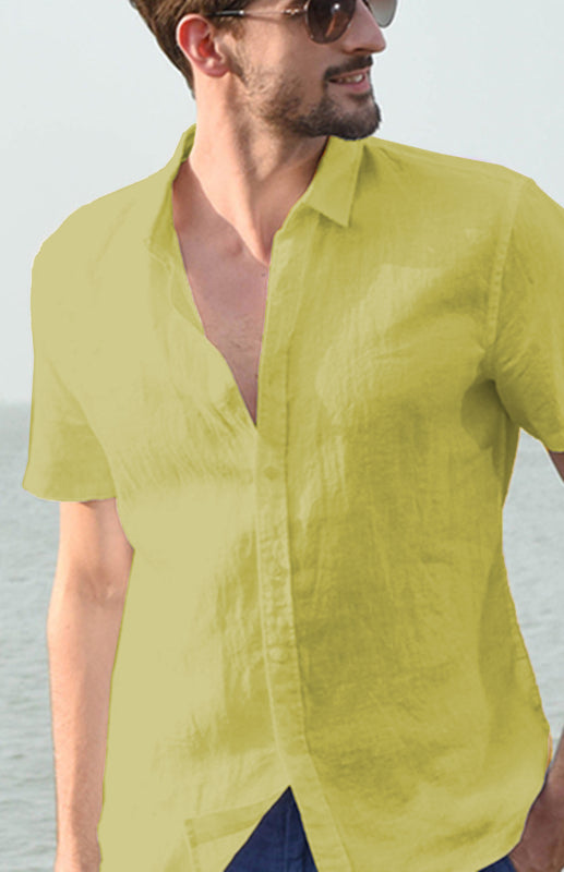 Shirts- Eco-Wear Men's Solid Hemp Short Sleeve Shirt in Cotton Blend- Khaki- Pekosa Women Clothing