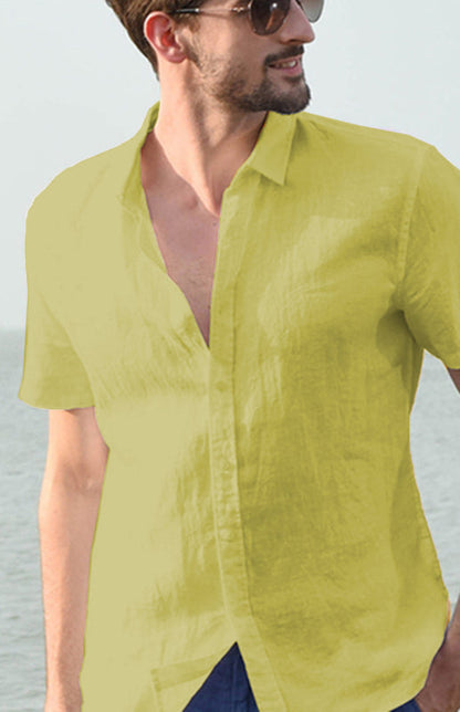 Shirts- Eco-Wear Men's Solid Hemp Short Sleeve Shirt in Cotton Blend- Khaki- Pekosa Women Clothing