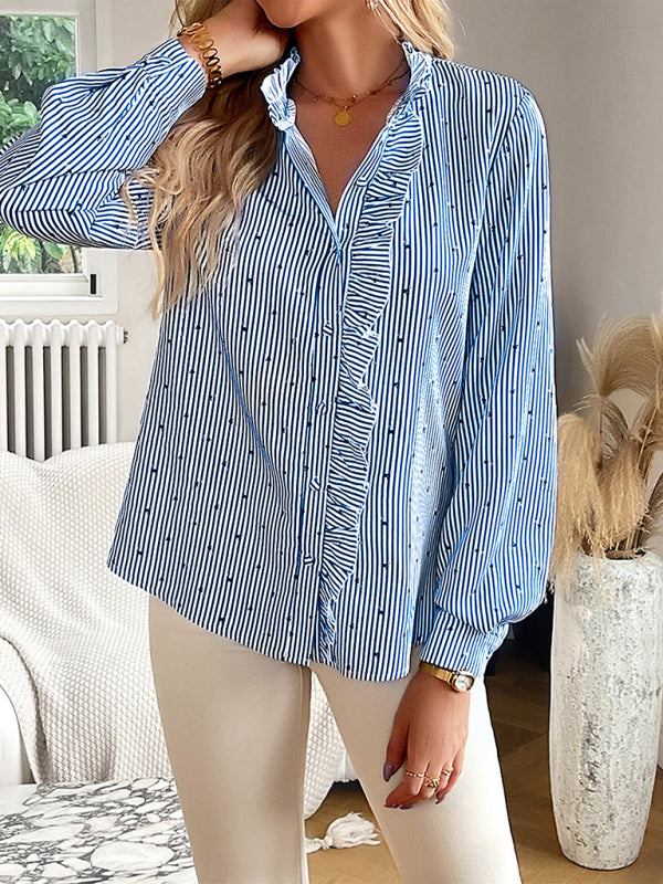 Shirts- Elegant Vertical Stripe Blouse | Long Sleeves, Frill Accents, Button-Up Shirt- - Pekosa Women Clothing