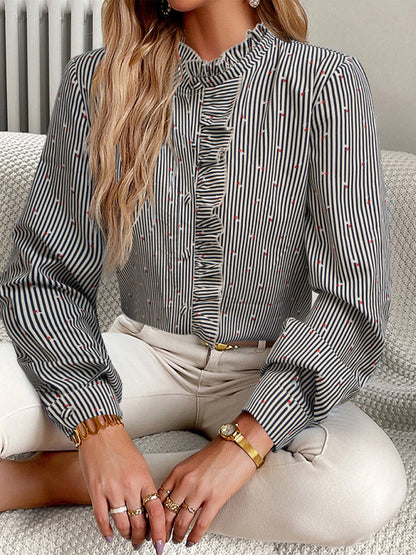 Shirts- Elegant Vertical Stripe Blouse | Long Sleeves, Frill Accents, Button-Up Shirt- - Pekosa Women Clothing