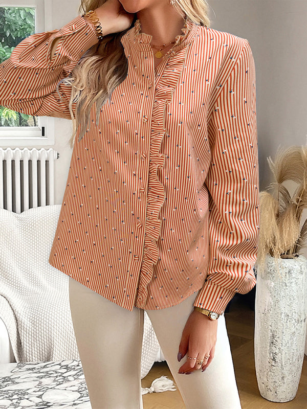 Shirts- Elegant Vertical Stripe Blouse | Long Sleeves, Frill Accents, Button-Up Shirt- - Pekosa Women Clothing